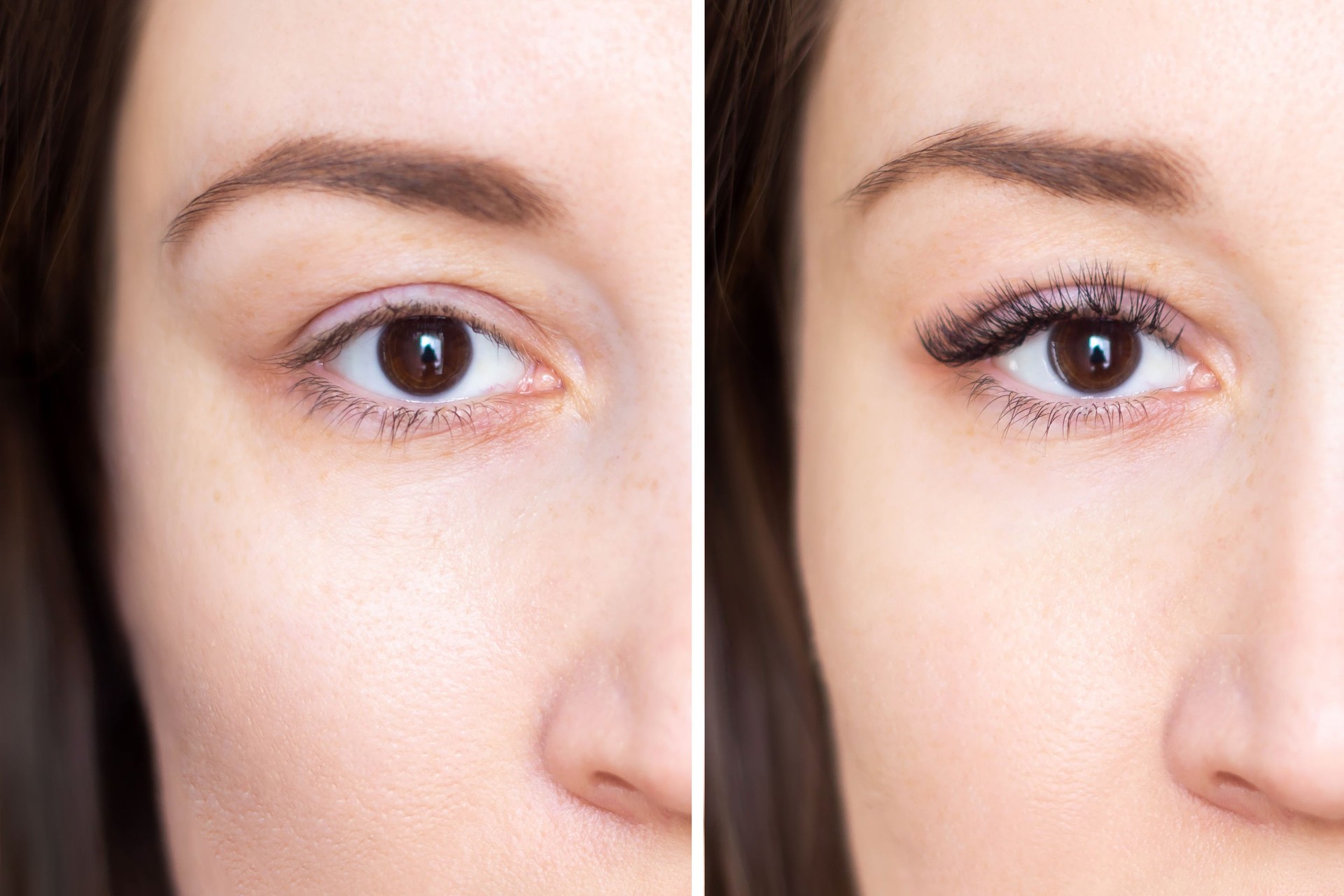 Cropped shot of a brown-eyed young brunette woman before and after eyelash extensions
